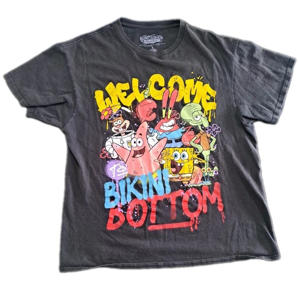 SpongeBob SquarePants Youth Large Black Graphic T-Shirt Welcome to Bikini Bottom